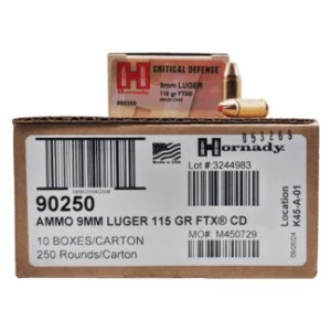 Hornady Critical Defense FTX Handgun Ammunition 9mm Luger 115gr PT 1140 fps 250/ct Case (10-25/ct Boxes) - 9mm 115gr FTX Case