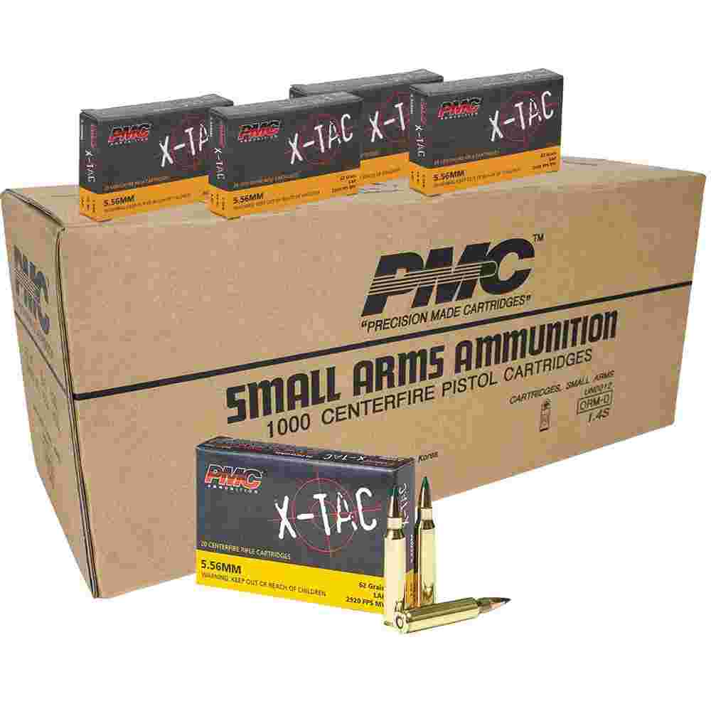 PMC X-Tac Green Tip Rifle Ammunition 5.56 NATO 62 gr FMJ 2920 fps 1000/ct Case (50-20/ct Boxes) - 5.56 Green Tip Ammo